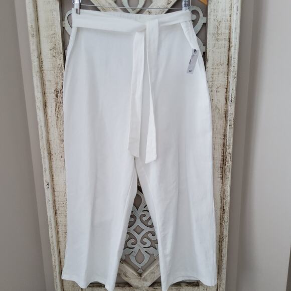 EMALINE Pants - Emaline Pull on Elastic Waist Belted Cotton Linen White Cropped Flare Pants